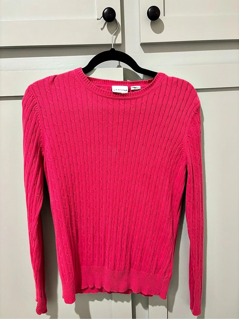 Kim Rogers Long Sleeve Cable Crew Neck Sweater Ribbed Crewneck Sweater in Pink